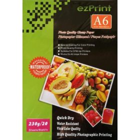   Fényes, 230g, 10cm x 15cm (A/6), 20 lap/csomag, vízálló tintasugaras fotópapír